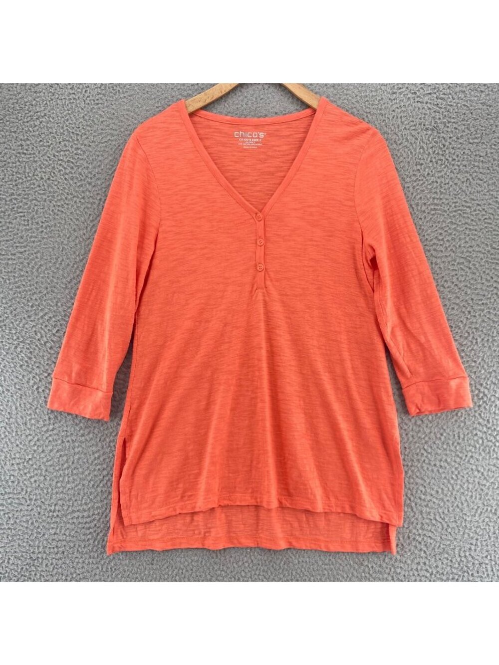Chicos Top Womens 0 US Small Orange Cotton Modal Slub Knit Button V Neck Tunic